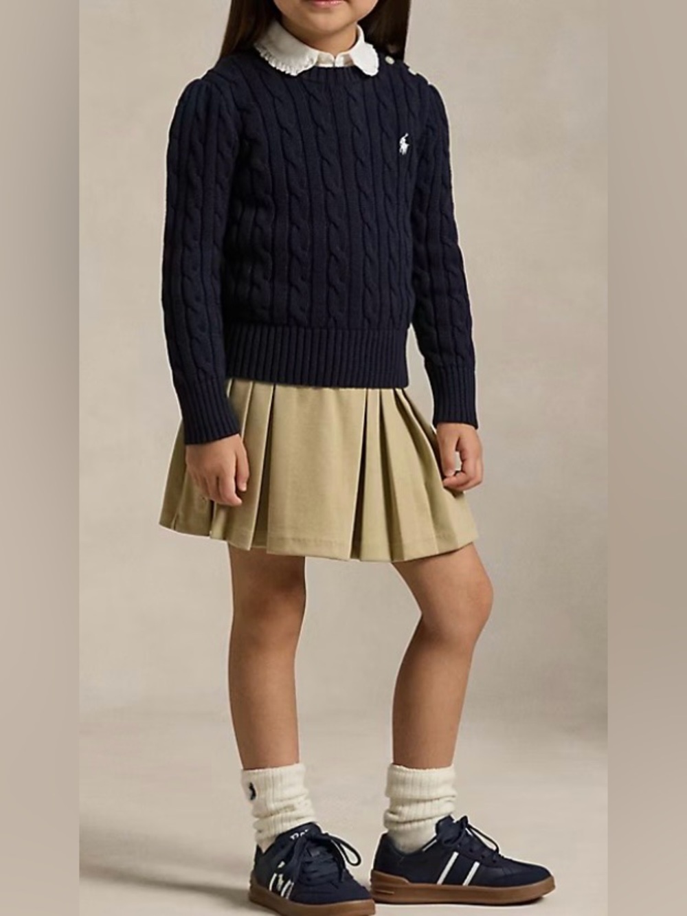 Polo Ralph Lauren Girls’ Sz 2/2T Navy Cable-Knit Shoulder Placket Cotton Sweater